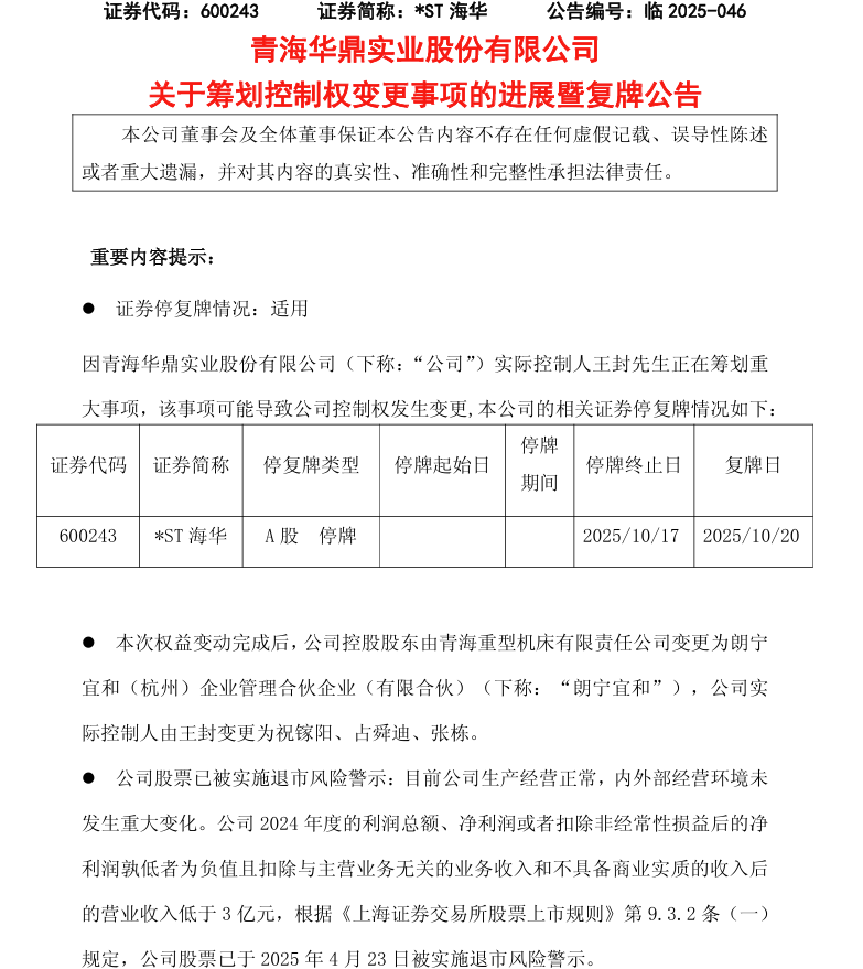 停牌前跌停！*ST海华，拟易主，下周一复牌